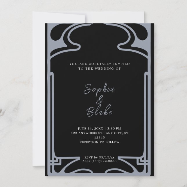 Geometric Black and Silver Art Deco Wedding Invitation (Front)