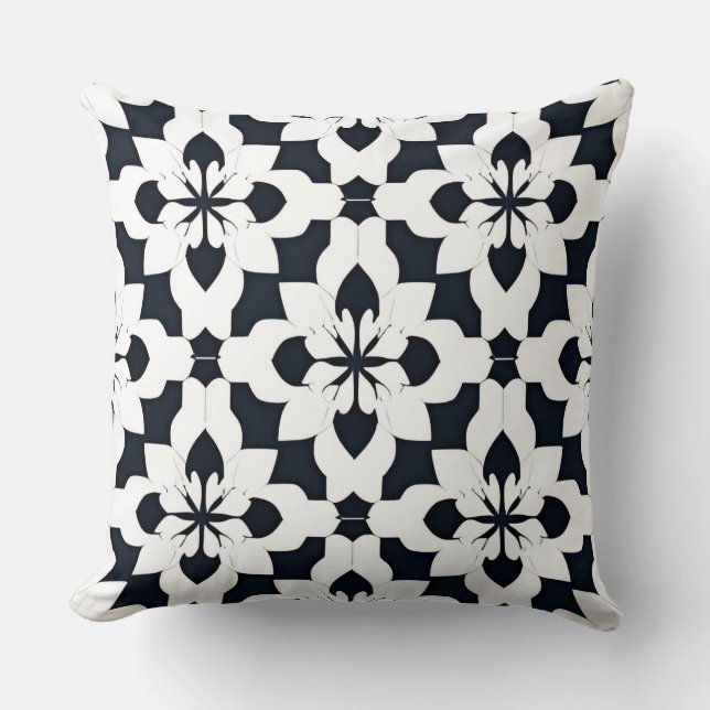 Geometric Black and White Floral Pattern Cushion (Front)