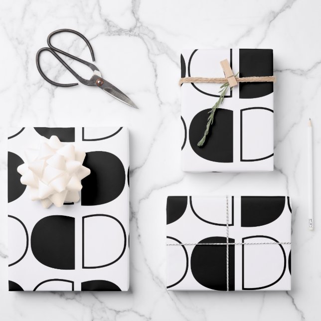 Geometric Black and White Half Circle Wrapping Paper Sheet (Front)