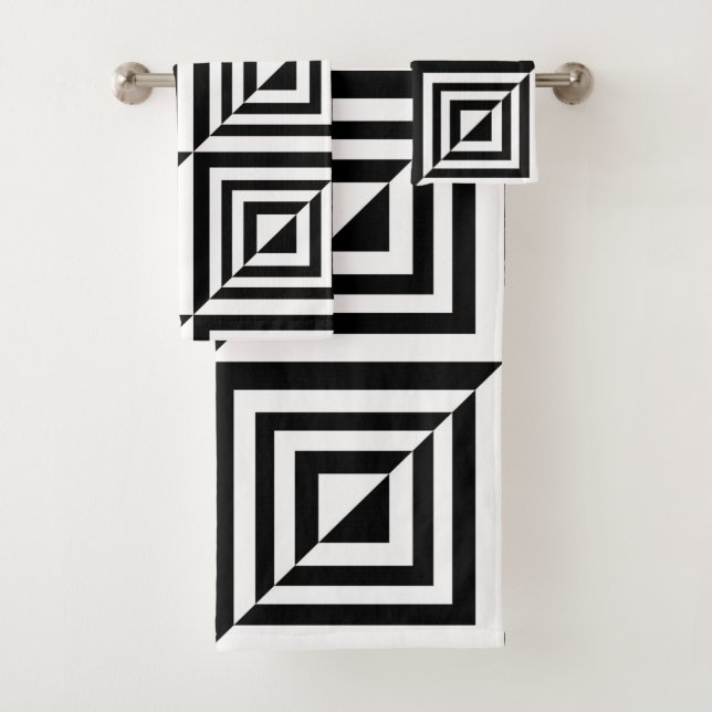 Geometric black and white pattern bath towel set (Insitu)