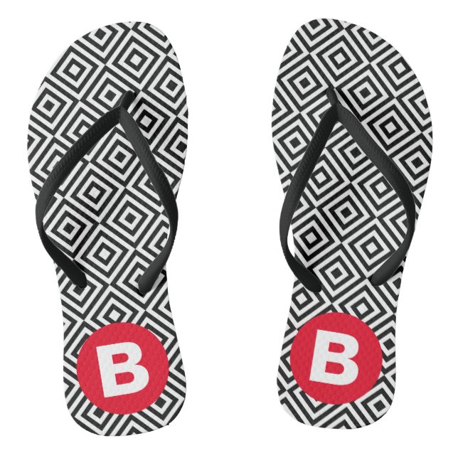 Geometric Black and White Pattern Red Monogram Flip Flops (Footbed)
