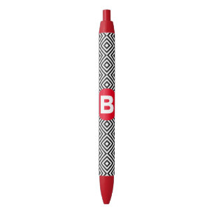 Geometric Black and White Pattern Red Monogram Ink Pen