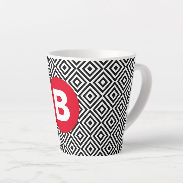 Geometric Black and White Pattern Red Monogram Latte Mug (Right Angle)