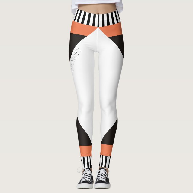 Geometric black and white stripes modern coral leggings (Front)
