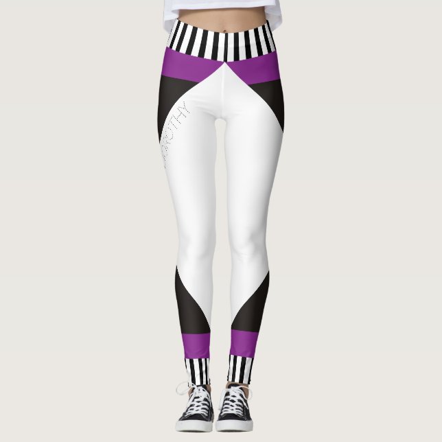Geometric black and white stripes modern purple leggings (Front)