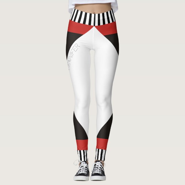 Geometric black and white stripes modern red leggings (Front)