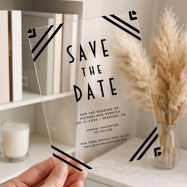 Geometric Black Art Deco Wedding Save the Date Acrylic Invitations (Creator Uploaded)