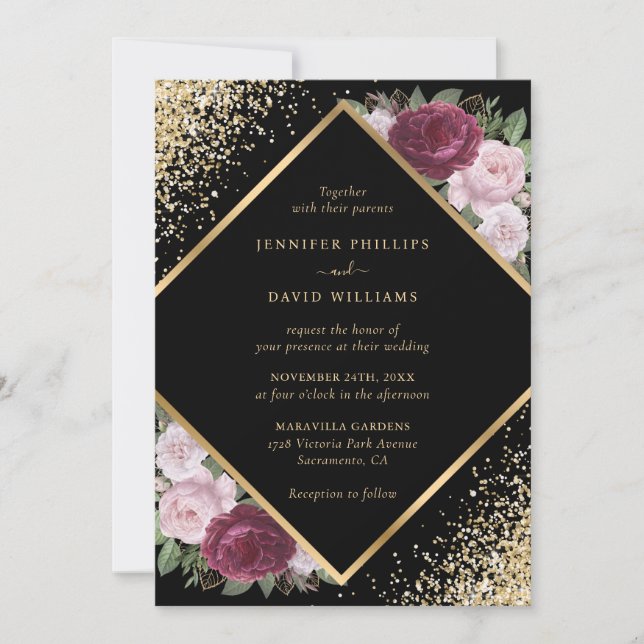 Geometric Black Burgundy Blush Gold Floral Wedding Invitation (Front)