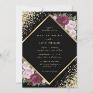 Geometric Black Burgundy Blush Gold Floral Wedding Invitation