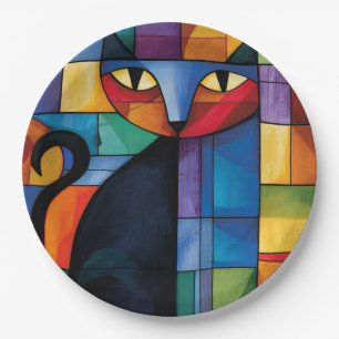 Geometric Black Cat Stained Glass Grid Paper Plate