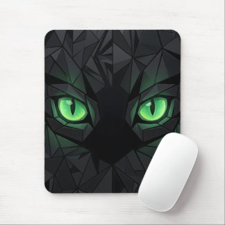 Geometric Black Cat with Emerald Green Eyes Mouse Mat