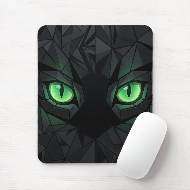 Geometric Black Cat with Emerald Green Eyes Mouse Mat (With Mouse)
