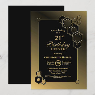 Geometric Black Gold 21st Birthday Dinner Party Invitation