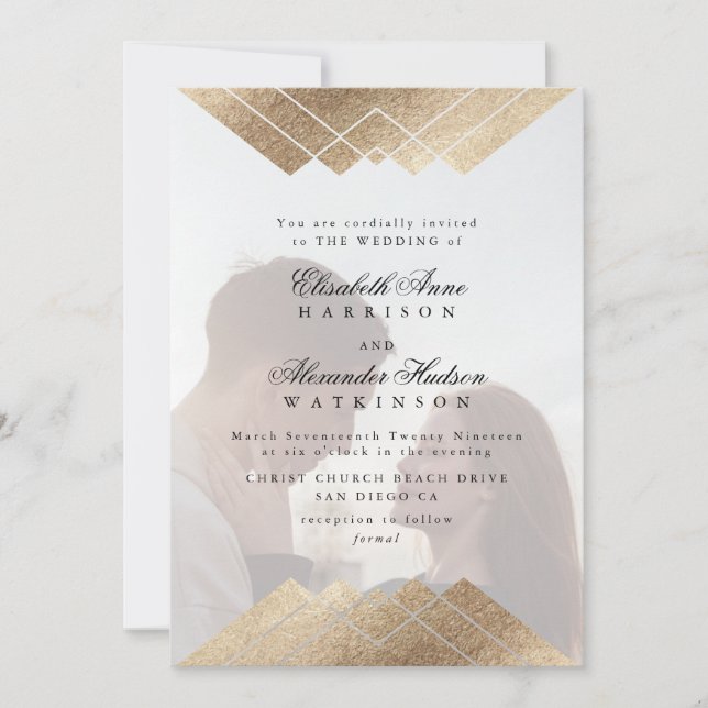 Geometric Black Gold Calligraphy 2 Photo Wedding Invitation (Front)
