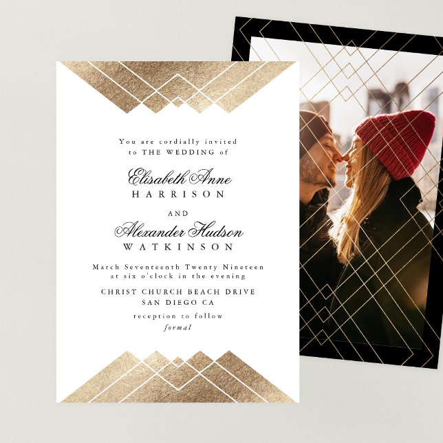Geometric Black Gold Calligraphy Photo Wedding Invitation (Creator Uploaded)