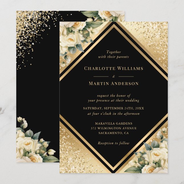 Geometric Black Gold Confetti Ivory Floral Wedding Invitation (Front/Back)