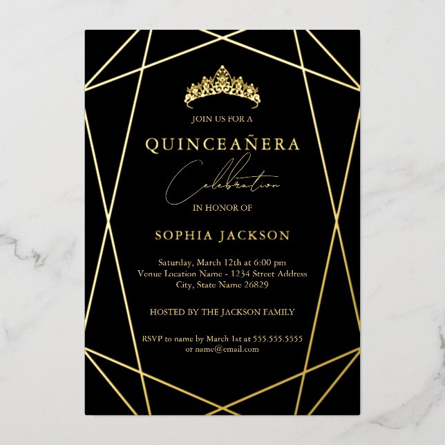 Geometric Black Gold Elegant Quinceanera 15th  (Front)