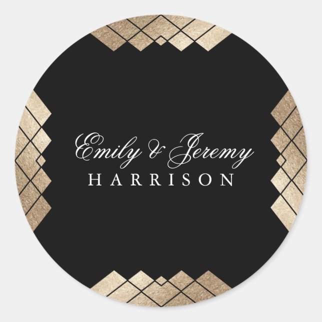 Geometric Black Gold Gatsby Wedding Classic Round Sticker (Front)