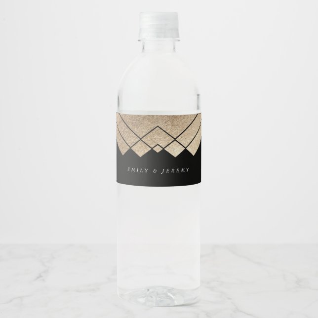 Geometric Black Gold Gatsby Wedding Water Bottle Label (Front)