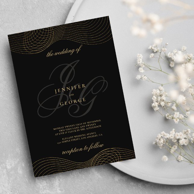 Geometric black gold monogram initials wedding invitation (Geometric black gold monogram initials wedding)