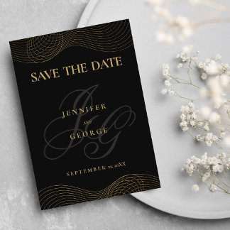 Geometric black gold monogram Save The Date