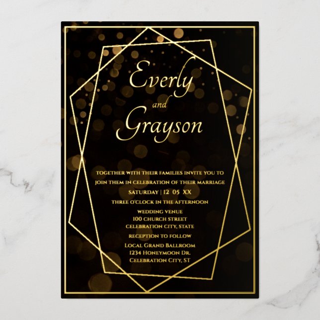 Geometric Black & Gold Wedding     Foil Invitation (Front)