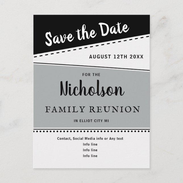 Geometric Black Grey Family Reunion Save the Date Postcard (Front)