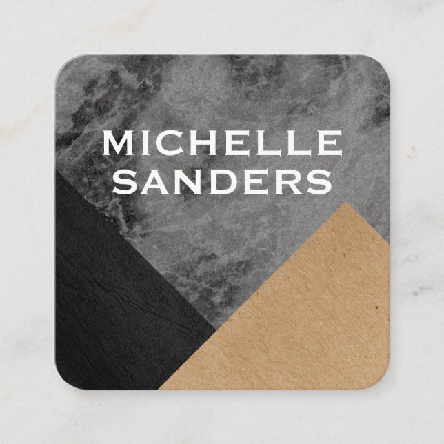 Geometric Black Marble Faux Leather Craft Square Business Card (Front)