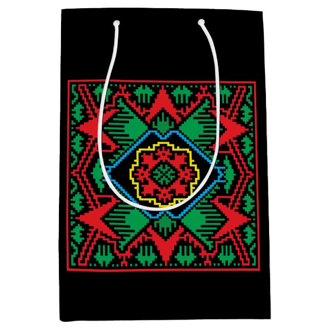 Geometric black, red, green Latvian tribal pattern Medium Gift Bag (Front)