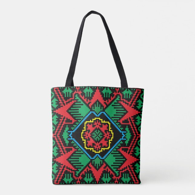 Geometric black, red, green Latvian tribal pattern Tote Bag (Back)