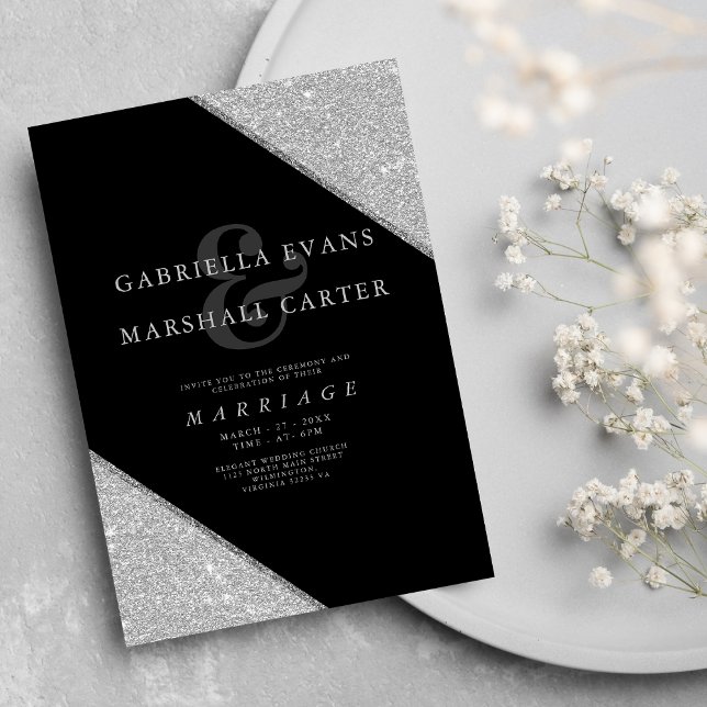 Geometric black silver ampersand glitter wedding invitation (Geometric black silver ampersand glitter wedding)