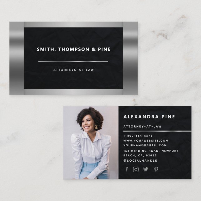 Geometric Black Silver Lawyer Professional Photo Business Card (Front/Back)