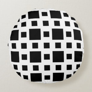 Geometric Black Squares Round Cushion