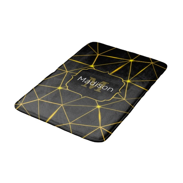Geometric black triangles gold lines Monogram Bath Mat (Angled)