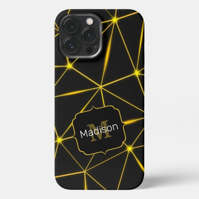 Geometric black triangles gold lines Monogram iPhone Case (Back)