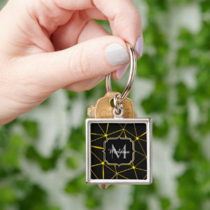 Geometric black triangles gold lines Monogram Key Ring