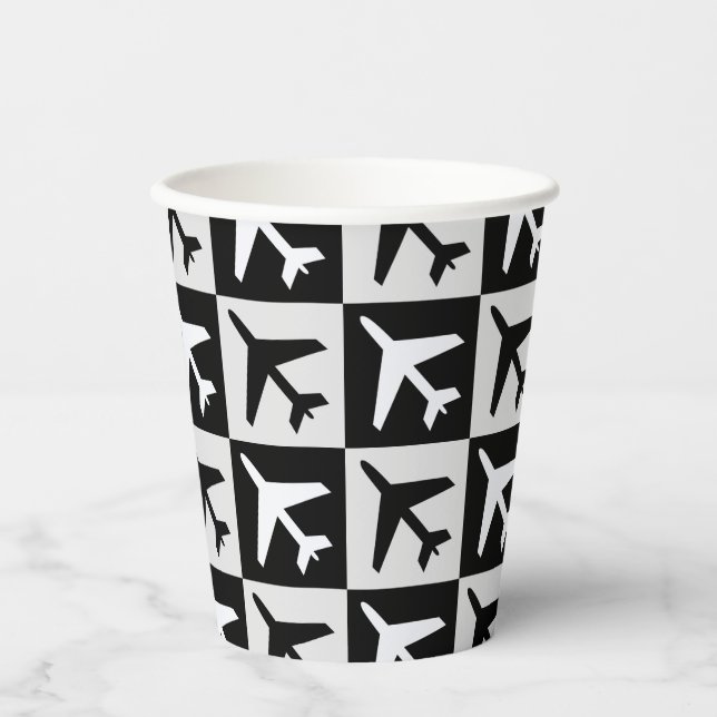Geometric Black White Aviation Jets Aeroplane Paper Cups (Front)