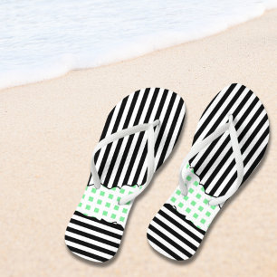 Geometric Black, White, Green Stripes Net Layered Flip Flops