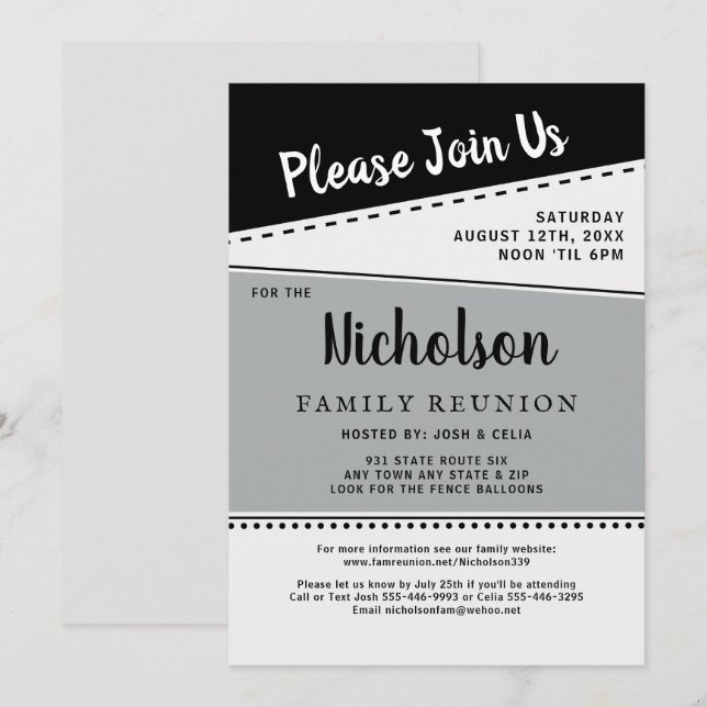 Geometric Black White Grey Family Reunion Invitation (Front/Back)