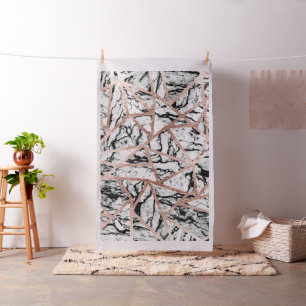 Geometric Black White Marble Rose Gold Triangles Fabric