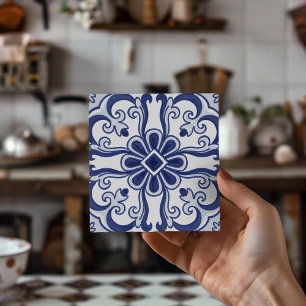 Geometric Blue and White Lisbon Tile Art Coaster