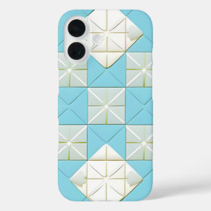 Geometric Blue and White Pattern iPhone 16 Case