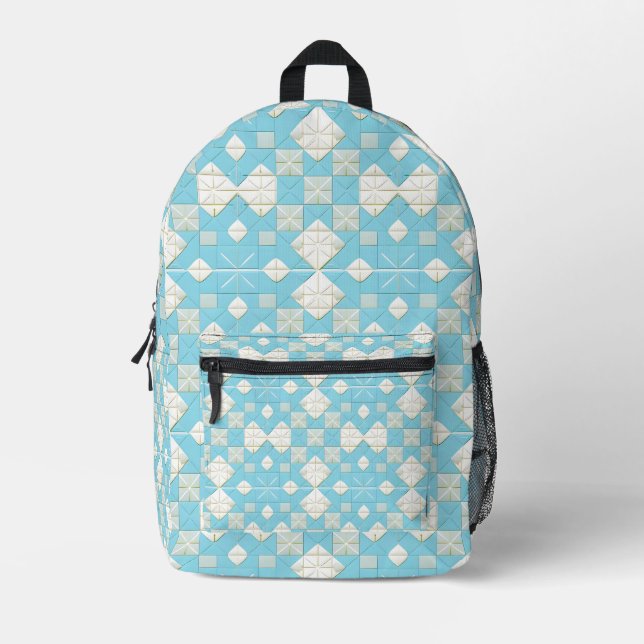 Geometric Blue and White Pattern Printed Backpack (Front)