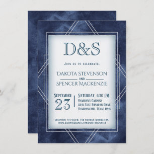 Geometric Blue Art Deco   Modern Monogram Wedding Invitation