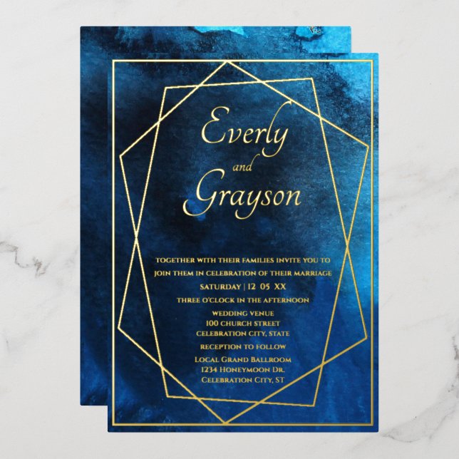 Geometric Blue & Gold Wedding     Foil Invitation (Front/Back)