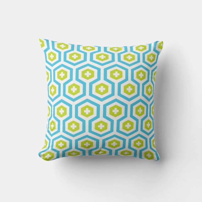 Geometric Blue Green Hexagon & Cross Pattern Cushion (Front)