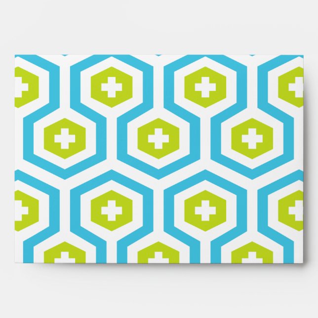 Geometric Blue Green Hexagon & Cross Pattern Envelope (Front)