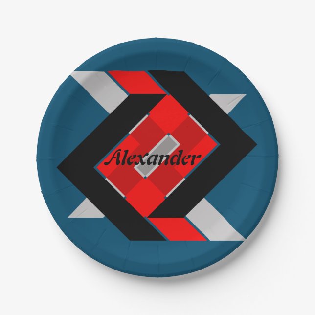 Geometric blue grey red black personalised simply paper plate (Front)