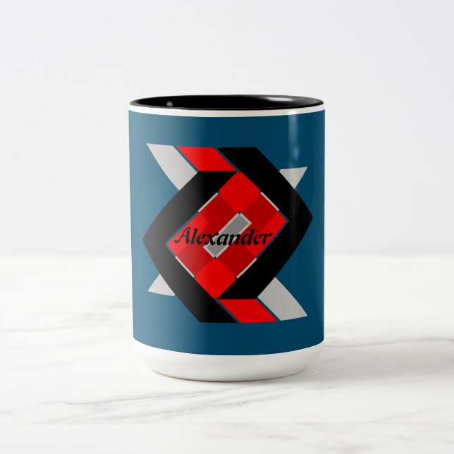 Geometric blue grey red black personalised simply Two-Tone coffee mug (Center)