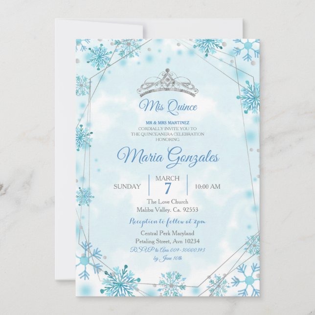 Geometric & Blue Snowflakes Sweet 15th Birthday Invitation (Front)